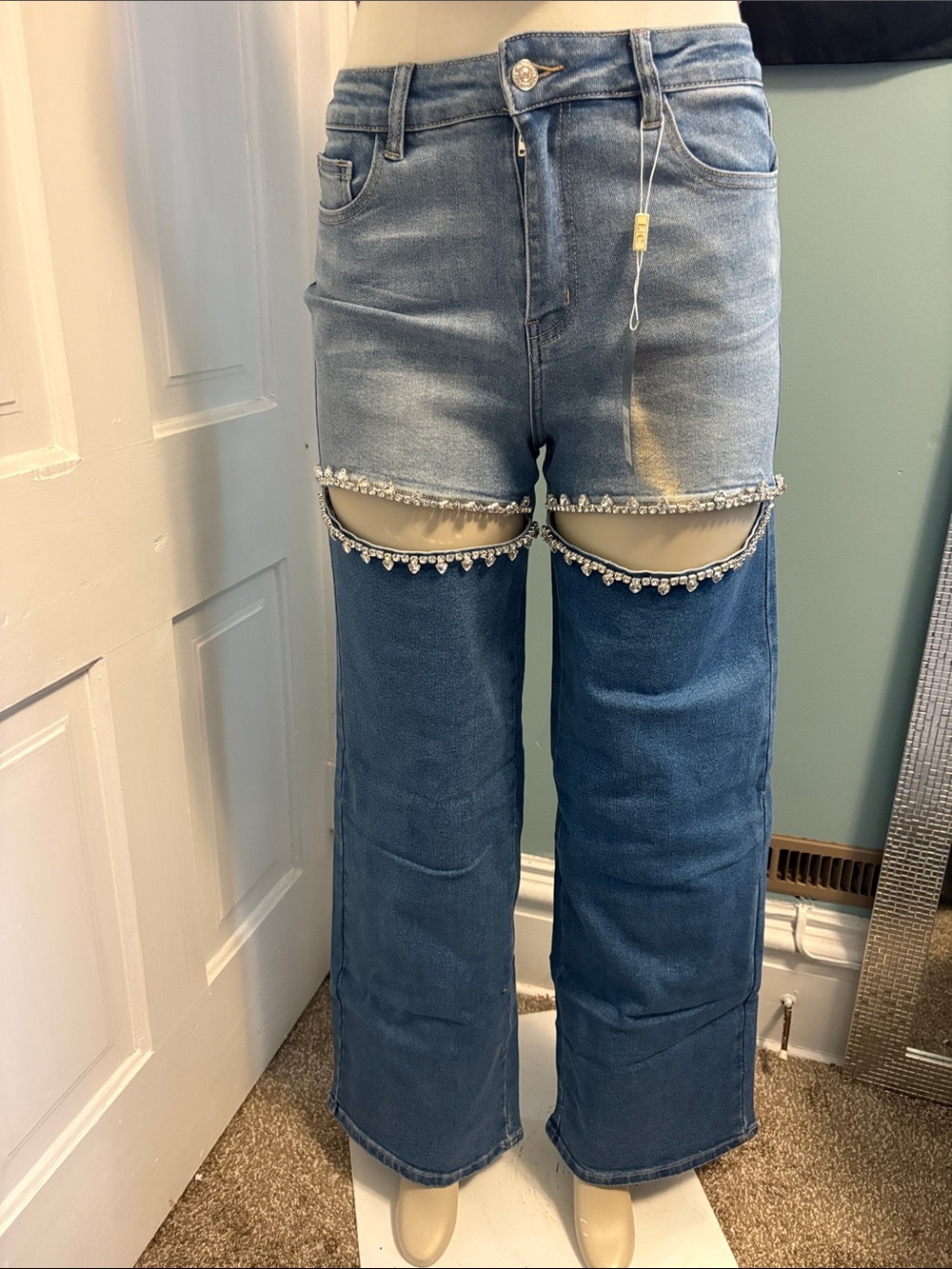 Wide-Leg Distressed Jeans with Rhinestone Trim - Light & Dark Blue